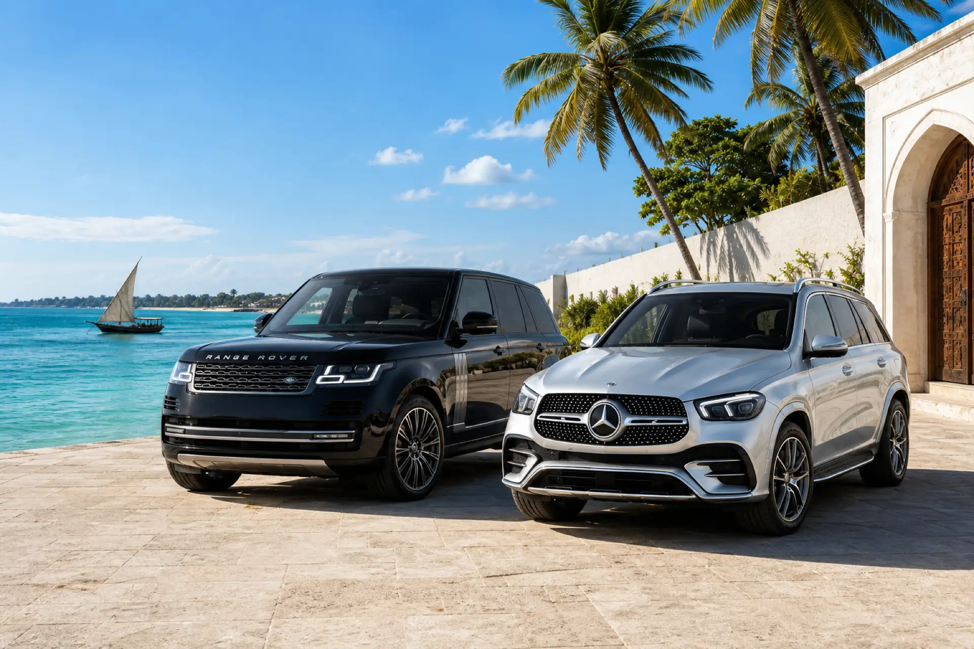 Luxury Range Rover and Mercedes on a Zanzibar beach